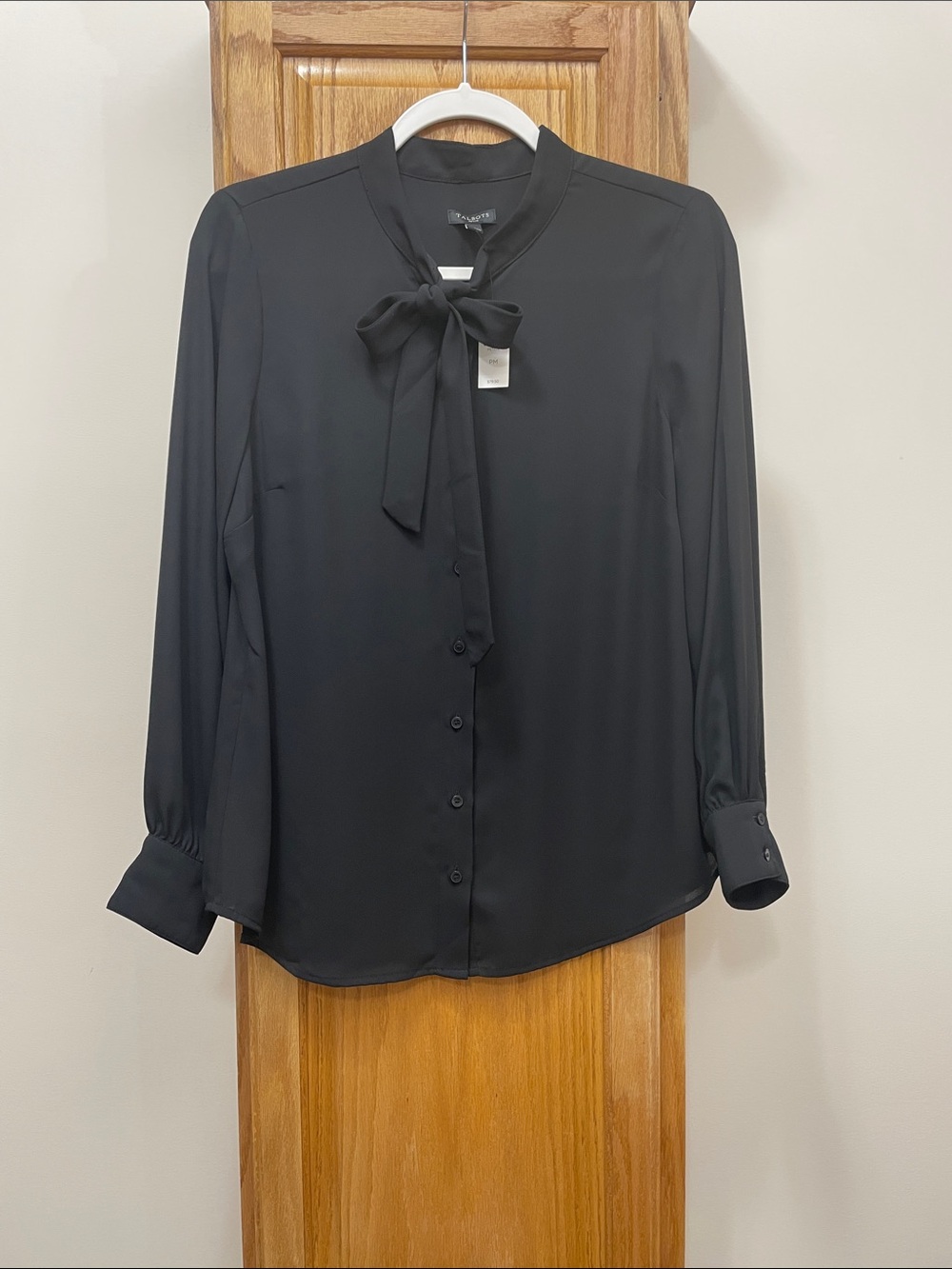 Talbots Black Long Sleeve Bow-Tie Button-Front Blouse Size Medium Petite NWT